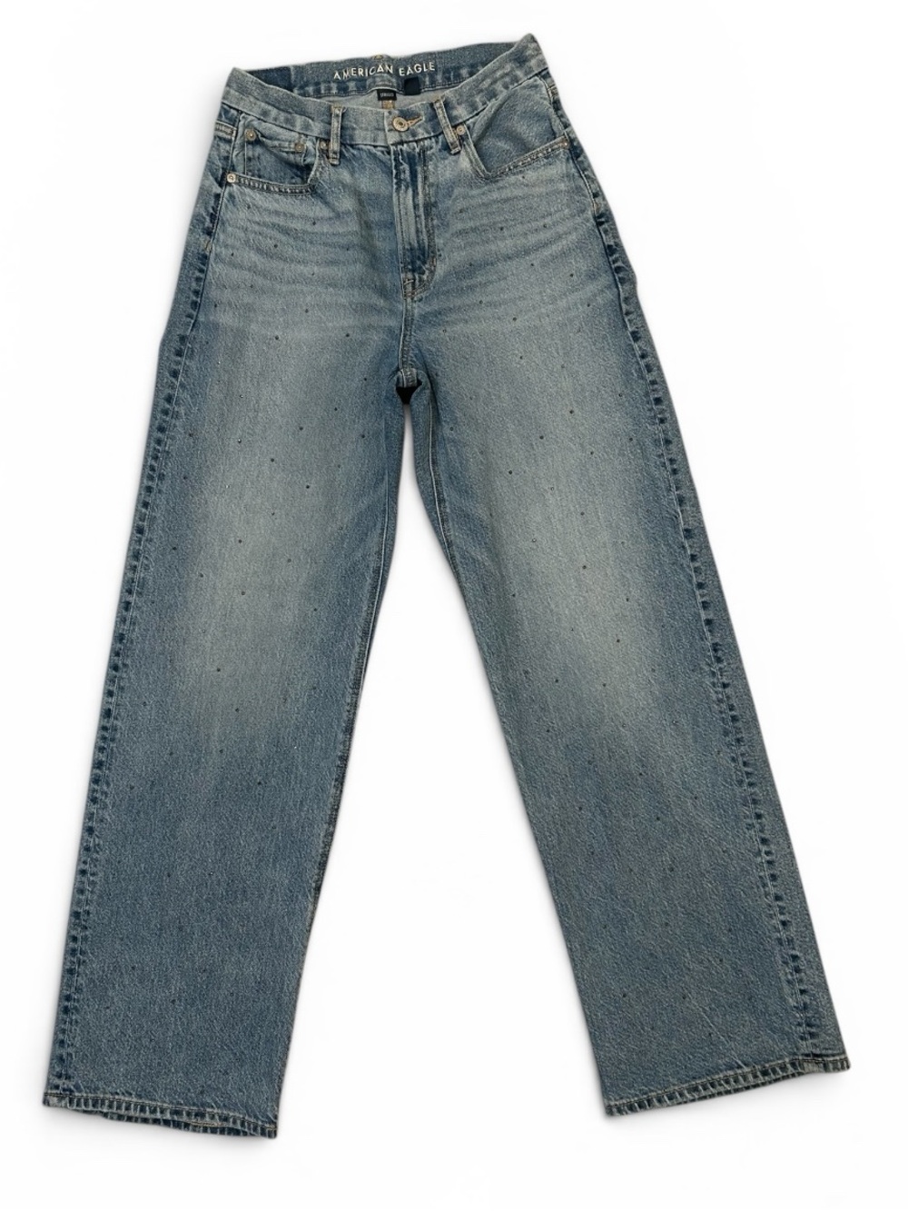 American Eagle Strigid Curvy Super High-Rise Baggy Straight Jeans w/Rhinestones
